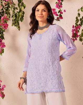 Hand embroidered mauve georgette lucknowi chikankari short kurti 1