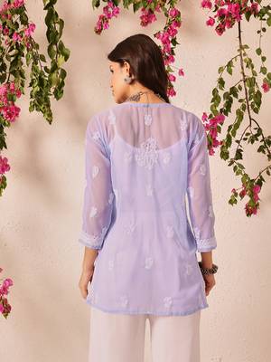 Hand embroidered mauve georgette lucknowi chikankari short kurti 2