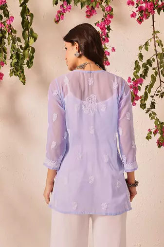 Hand embroidered mauve georgette lucknowi chikankari short kurti