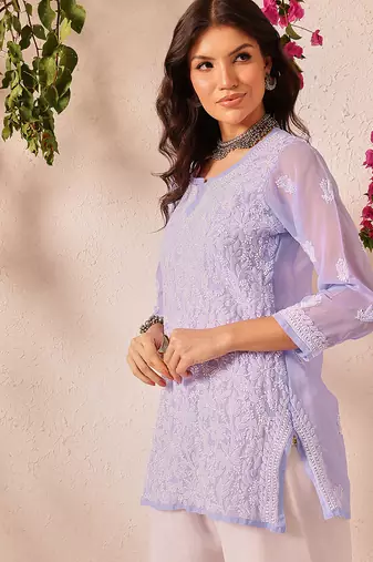 Hand embroidered mauve georgette lucknowi chikankari short kurti