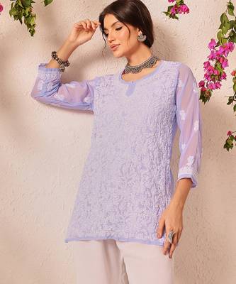 Hand embroidered mauve georgette lucknowi chikankari short kurti 4