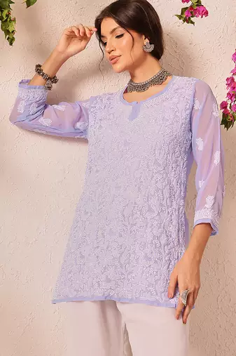 Hand embroidered mauve georgette lucknowi chikankari short kurti