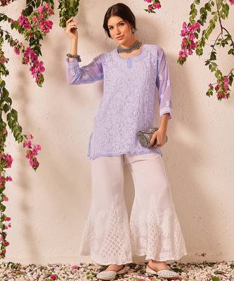 Hand embroidered mauve georgette lucknowi chikankari short kurti 5