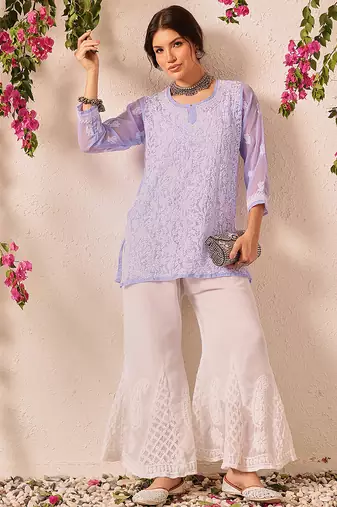 Hand embroidered mauve georgette lucknowi chikankari short kurti