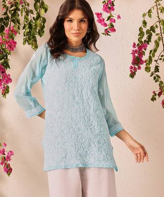 Hand embroidered blue georgette lucknowi chikankari short kurti 1