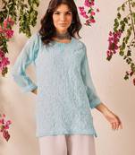Hand embroidered blue georgette lucknowi chikankari short kurti