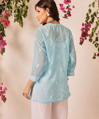 Hand embroidered blue georgette lucknowi chikankari short kurti 2