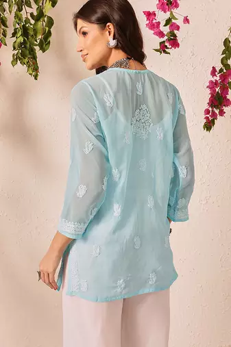 Hand embroidered blue georgette lucknowi chikankari short kurti