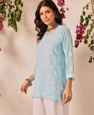 Hand embroidered blue georgette lucknowi chikankari short kurti 3