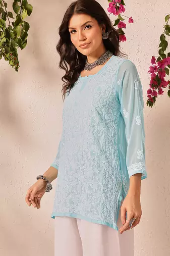 Hand embroidered blue georgette lucknowi chikankari short kurti