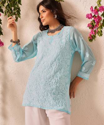 Hand embroidered blue georgette lucknowi chikankari short kurti 4