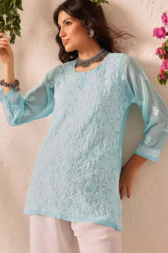 Hand embroidered blue georgette lucknowi chikankari short kurti