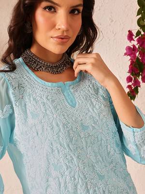 Hand embroidered blue georgette lucknowi chikankari short kurti 5