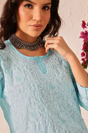Hand embroidered blue georgette lucknowi chikankari short kurti