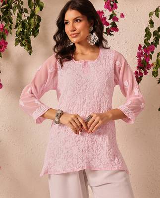 Hand embroidered baby pink georgette lucknowi chikankari short kurti 1