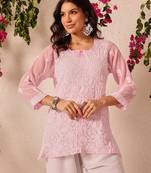 Hand embroidered baby pink georgette lucknowi chikankari short kurti