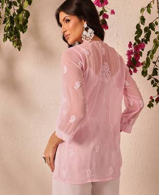 Hand embroidered baby pink georgette lucknowi chikankari short kurti 2