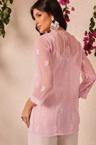 Hand embroidered baby pink georgette lucknowi chikankari short kurti