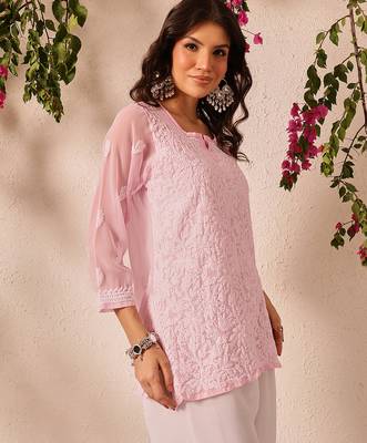 Hand embroidered baby pink georgette lucknowi chikankari short kurti 3