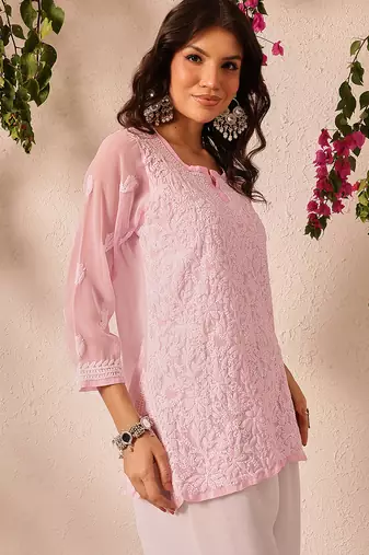 Hand embroidered baby pink georgette lucknowi chikankari short kurti