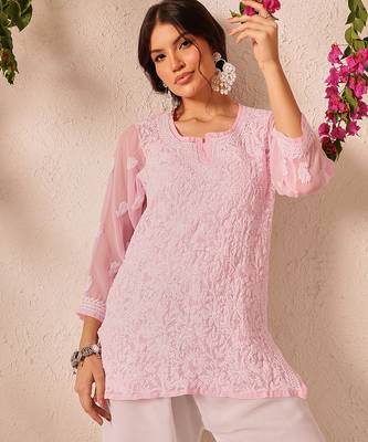 Hand embroidered baby pink georgette lucknowi chikankari short kurti 4