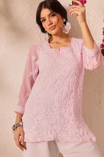 Hand embroidered baby pink georgette lucknowi chikankari short kurti