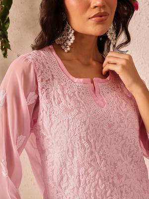 Hand embroidered baby pink georgette lucknowi chikankari short kurti 5