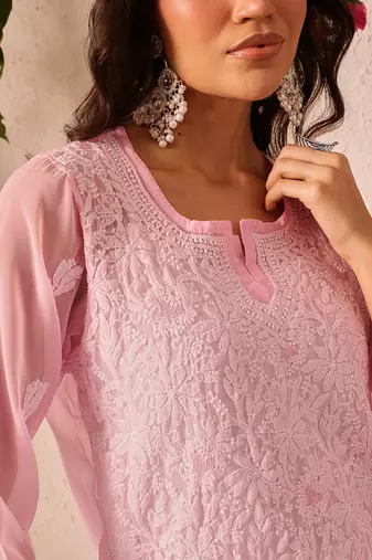 Hand embroidered baby pink georgette lucknowi chikankari short kurti