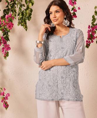 Hand embroidered grey georgette lucknowi chikankari short kurti 1