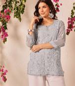 Hand embroidered grey georgette lucknowi chikankari short kurti