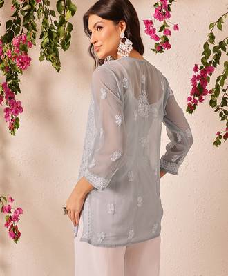 Hand embroidered grey georgette lucknowi chikankari short kurti 2