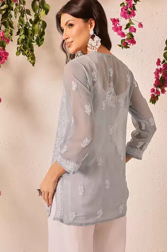 Hand embroidered grey georgette lucknowi chikankari short kurti