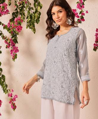 Hand embroidered grey georgette lucknowi chikankari short kurti 3