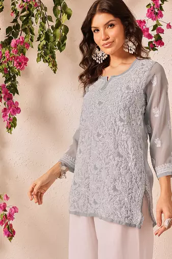 Hand embroidered grey georgette lucknowi chikankari short kurti