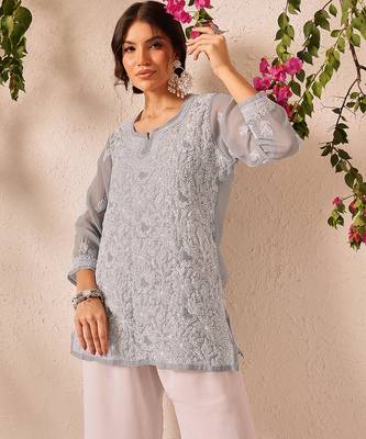Hand embroidered grey georgette lucknowi chikankari short kurti 4