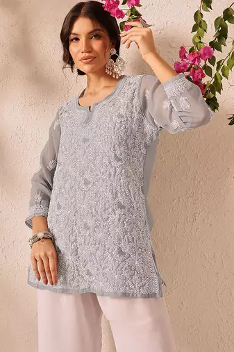 Hand embroidered grey georgette lucknowi chikankari short kurti
