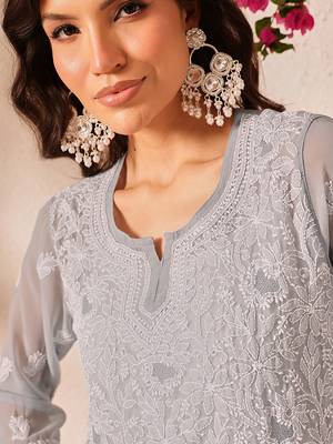 Hand embroidered grey georgette lucknowi chikankari short kurti 5
