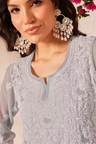 Hand embroidered grey georgette lucknowi chikankari short kurti