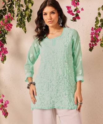 Hand embroidered sea green georgette lucknowi chikankari short kurti 1