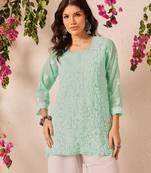 Hand embroidered sea green georgette lucknowi chikankari short kurti