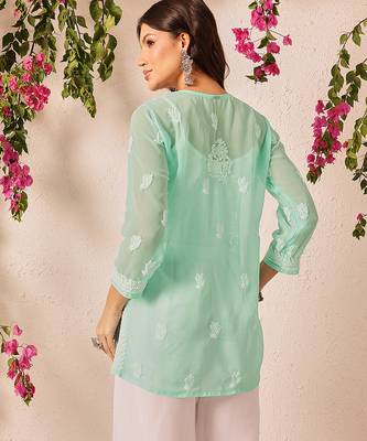 Hand embroidered sea green georgette lucknowi chikankari short kurti 2