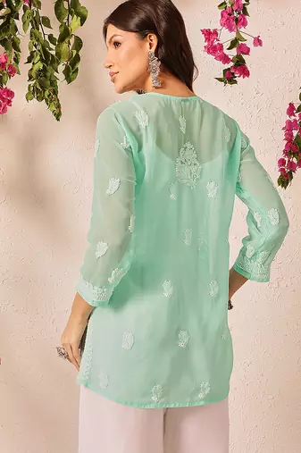 Hand embroidered sea green georgette lucknowi chikankari short kurti