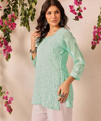Hand embroidered sea green georgette lucknowi chikankari short kurti 3