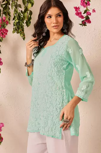 Hand embroidered sea green georgette lucknowi chikankari short kurti