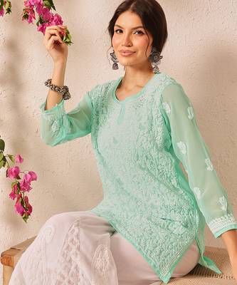 Hand embroidered sea green georgette lucknowi chikankari short kurti 4