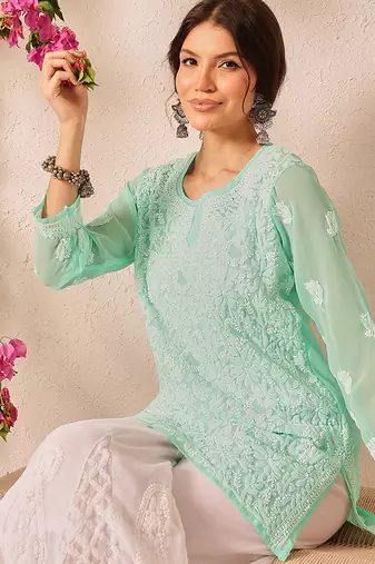 Hand embroidered sea green georgette lucknowi chikankari short kurti