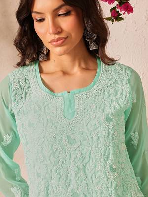 Hand embroidered sea green georgette lucknowi chikankari short kurti 5