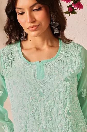 Hand embroidered sea green georgette lucknowi chikankari short kurti