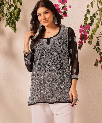 Hand embroidered black georgette lucknowi chikankari short kurti 1