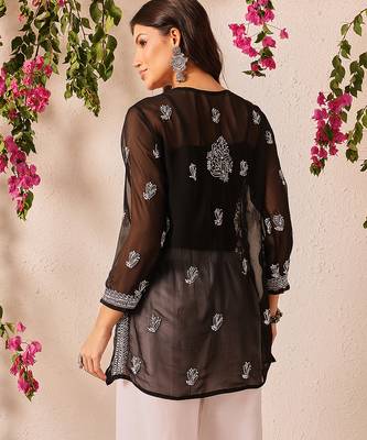 Hand embroidered black georgette lucknowi chikankari short kurti 2